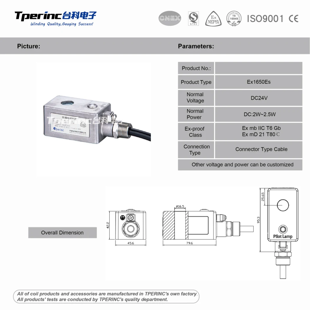 High-Quality T6 Explosion Proof Series AC220V DC24V Ex-Proof Solenoid Coil for Stainless Steel Brass Industrial Valve